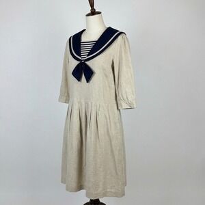 Petite Lanz Vintage Sailor Dress Tan Linen Blend Navy Blue Nautical Collar